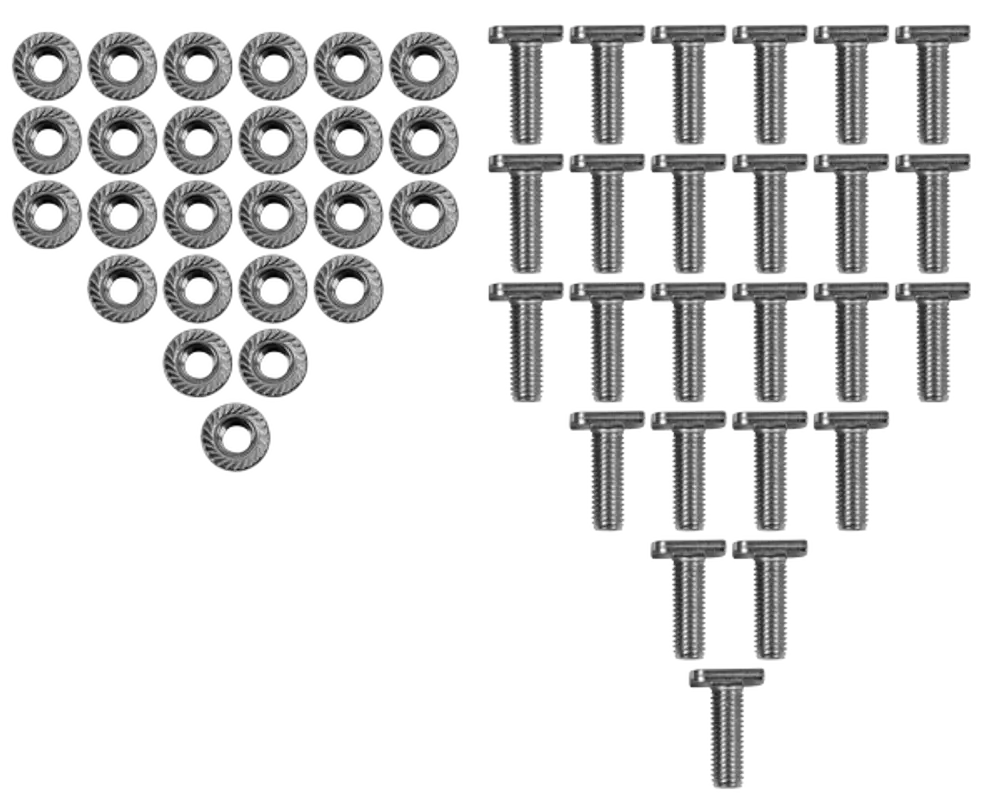 Hammerkopfschrauben in zwei triangulären Anordnungen, eine mit Rundkopfschrauben und die andere mit einem anderen Schraubentyp. Beide funktionieren in Anwendungen von Wolf.